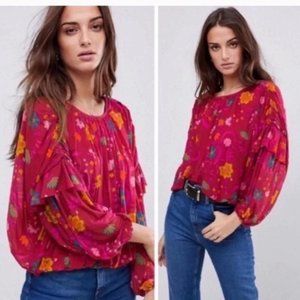 Free People Floral Berry Combo Blouse Women Size XS